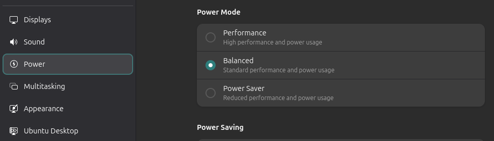 Power mode settings section
